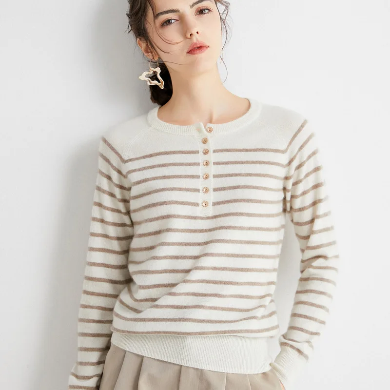 Women Pure Cashmere Sweater Half Open Collar Buttoned Pullover Striped Cashmere Cardigan Sweater Long-sleeved Shirt Sweater
Women Pure Cashmere Sweater Half Open Collar Buttoned Pullover Striped Cashmere Cardigan Sweater Long-sleeved Shirt Sweater