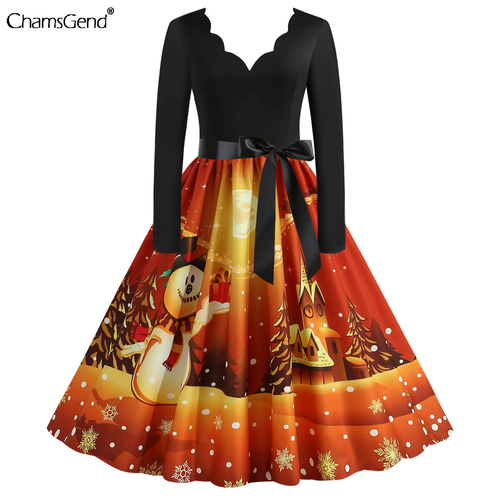 Женское винтажное платье с поясом, элегантное платье с принтом снеговика, V-образным вырезом и длинным рукавом для рождественской вечеринки 
Женское винтажное платье с поясом, элегантное платье с принтом снеговика, V-образным вырезом и длинным рукавом для рождественской вечеринки