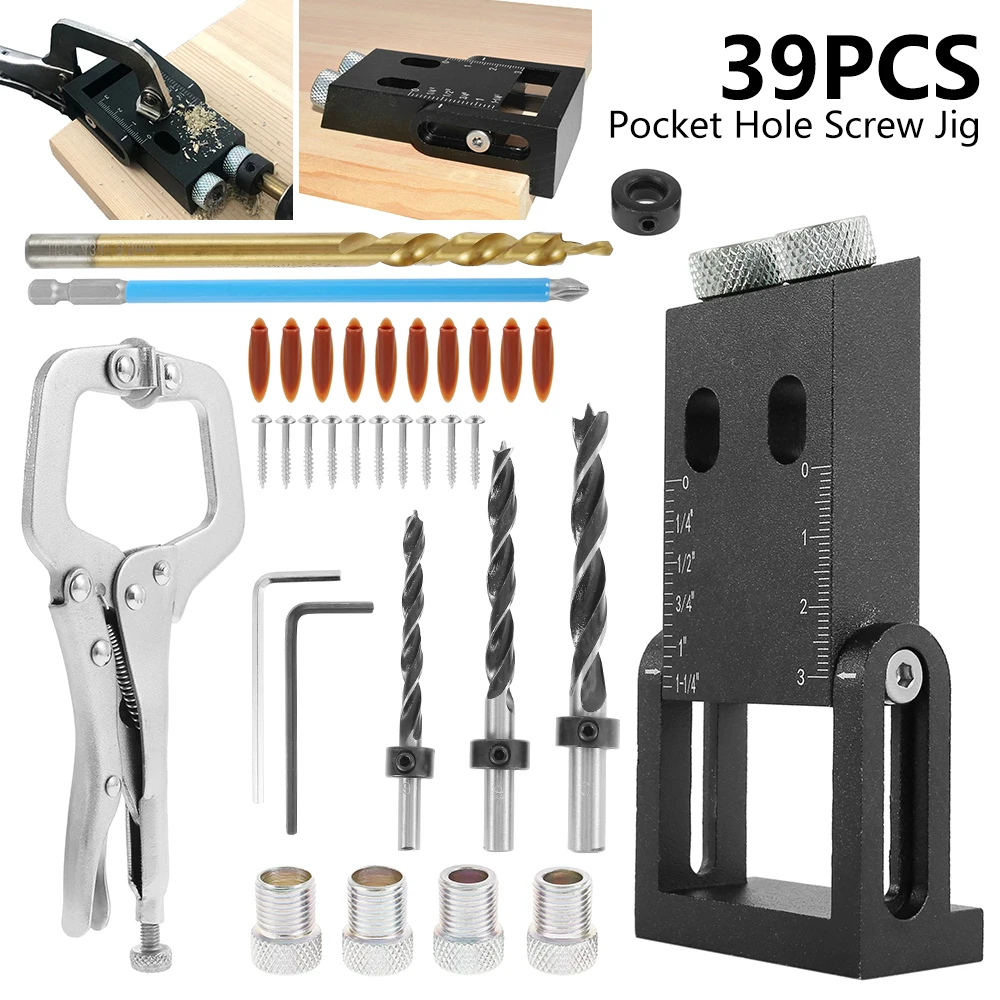 39pcs Pocket Hole Screw Jig Drill Bit Angle Locator Joinery Woodworking Drilling Guide Positioner Carpentry Tool Drive Adapter
39pcs Pocket Hole Screw Jig Drill Bit Angle Locator Joinery Woodworking Drilling Guide Positioner Carpentry Tool Drive Adapter