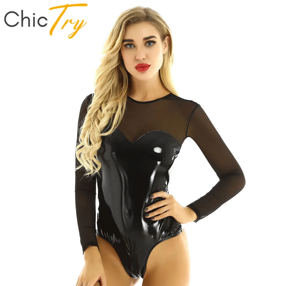 ChicTry Women Patent Leather Mesh Splice Long Sleeves Gymnastics Leotard Zipper Sexy Bodysuit Nightclub Rave Pole Dance Costume
ChicTry Women Patent Leather Mesh Splice Long Sleeves Gymnastics Leotard Zipper Sexy Bodysuit Nightclub Rave Pole Dance Costume