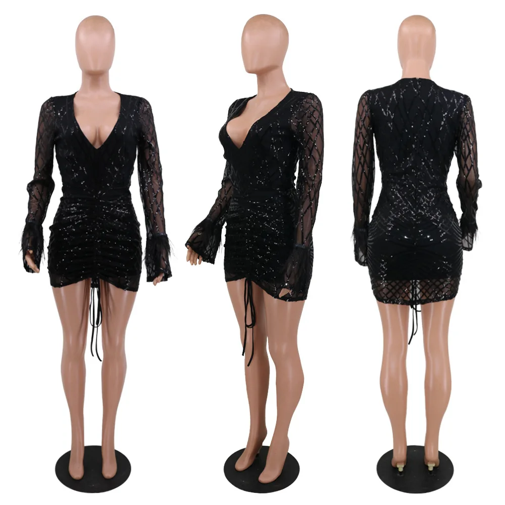 2021 Autumn V-neck ostrich feather lantern sleeve nightclub sequins party sexy A-line dress
2021 Autumn V-neck ostrich feather lantern sleeve nightclub sequins party sexy A-line dress