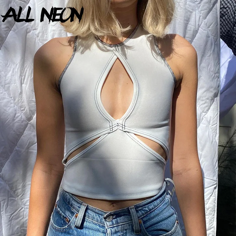 Укороченные майки ALLNeon Cyber Y2K с вырезами уличная одежда в стиле панк ребристым