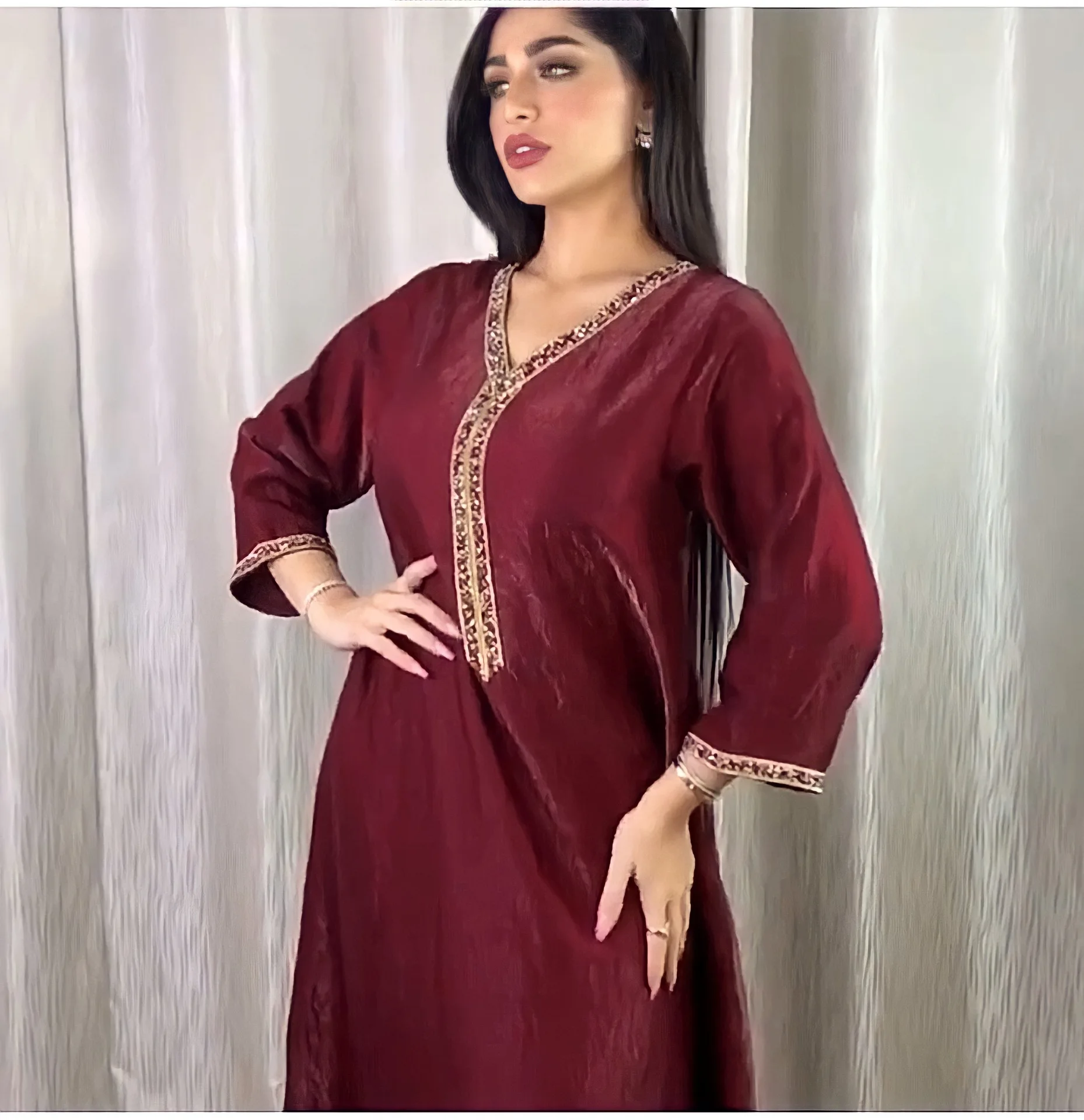 Mandylandy Women's Casual Long Sleeve Diamond Stitching Robe Muslim Arab Dubai Loose Elegant V-neck Dress
Mandylandy Women's Casual Long Sleeve Diamond Stitching Robe Muslim Arab Dubai Loose Elegant V-neck Dress