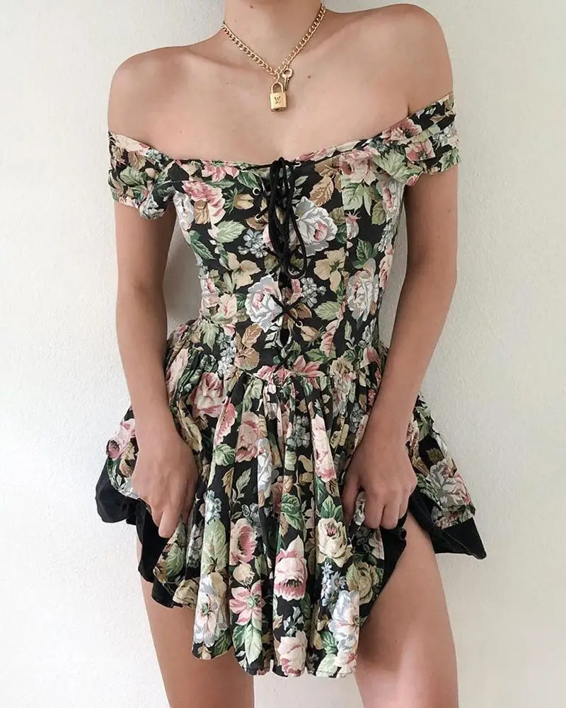 Women Floral Print Dress Summer 2021 Off Shoulder Mini Bodycon Dresses Sexy Ladies Elegant vintage Chic Club Party Dress Casual 
Women Floral Print Dress Summer 2021 Off Shoulder Mini Bodycon Dresses Sexy Ladies Elegant vintage Chic Club Party Dress Casual
