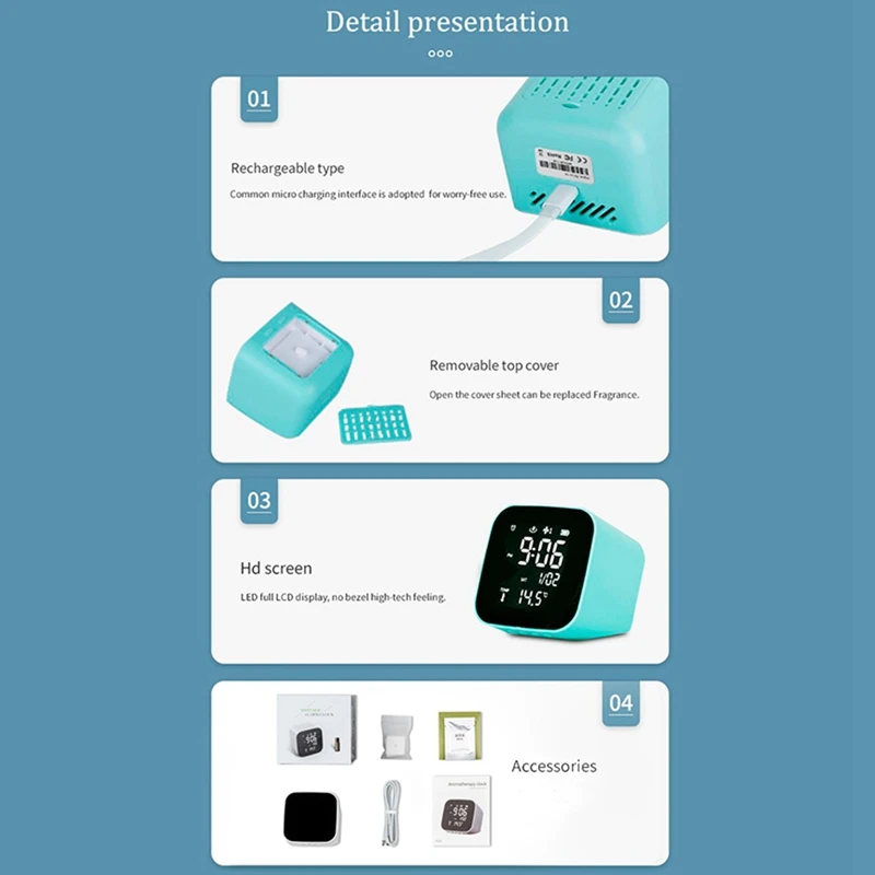 Digital Alarm Clock Desktop USB Rechargeable Mini Aromatherapy Clock with Temperature Calendar Display
Digital Alarm Clock Desktop USB Rechargeable Mini Aromatherapy Clock with Temperature Calendar Display