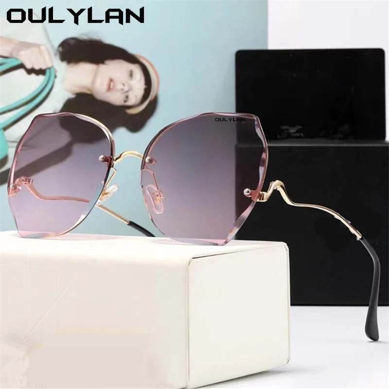 

Oulylan Rimless Sunglasses Women 2021 Luxury Oversized Sun Glasses Ladies Vintage Gradient Sunglass Curved Temple UV400