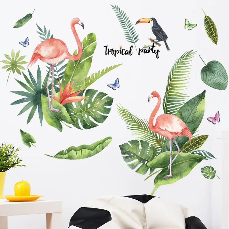 Свежие зеленые листья фламинго птицы ПВХ наклейки на стену для детей гостиной