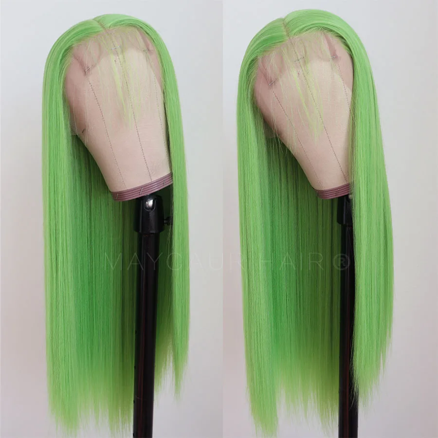 Maycaur Светло Зеленый Розовый Ледяной передний парик длинные прямые волосы 20