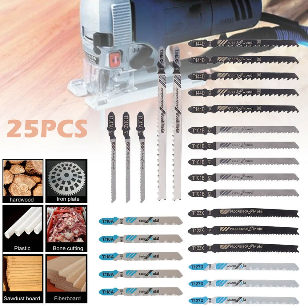 

Набор лезвий для лобзика, 25 шт., лезвия для лобзика по металлу, дереву, с Т-образным хвостовиком, для деревообработки, T118A, T101AO, T127D, T101B, T144D, для ...