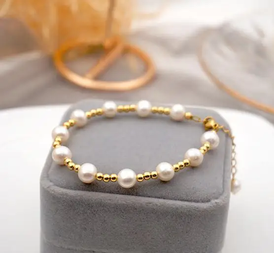 

Favorite Pearl Jewelry 6-7mm White Color Freshwater Pearls 3MM Gold Beads Adjustable Necklace Bracelet Charming Girl Gift