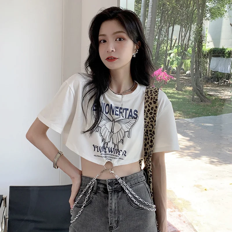 White T-shirt Women's Summer 2021 New Spice Girl Design Sense High Waist Navel Short Top 
White T-shirt Women's Summer 2021 New Spice Girl Design Sense High Waist Navel Short Top