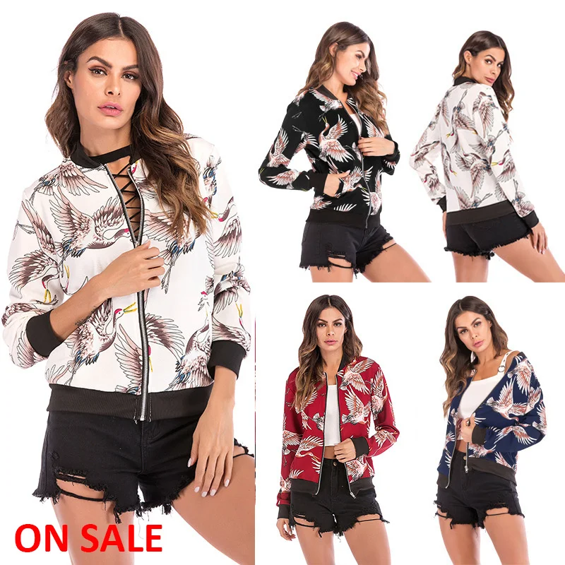 

Women's Stand Collar Zip Up Prints Bomber Jacket Long Sleeve Crane Pattern Zipper Casual Wear