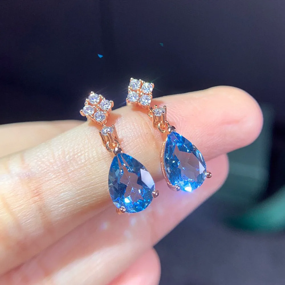 

Blue Crystal Topaz Aquamarine Gemstones Diamonds Clover Flowers Drop Earrings for Women 18k Rose Gold Filled Jewelry Bijoux Gift