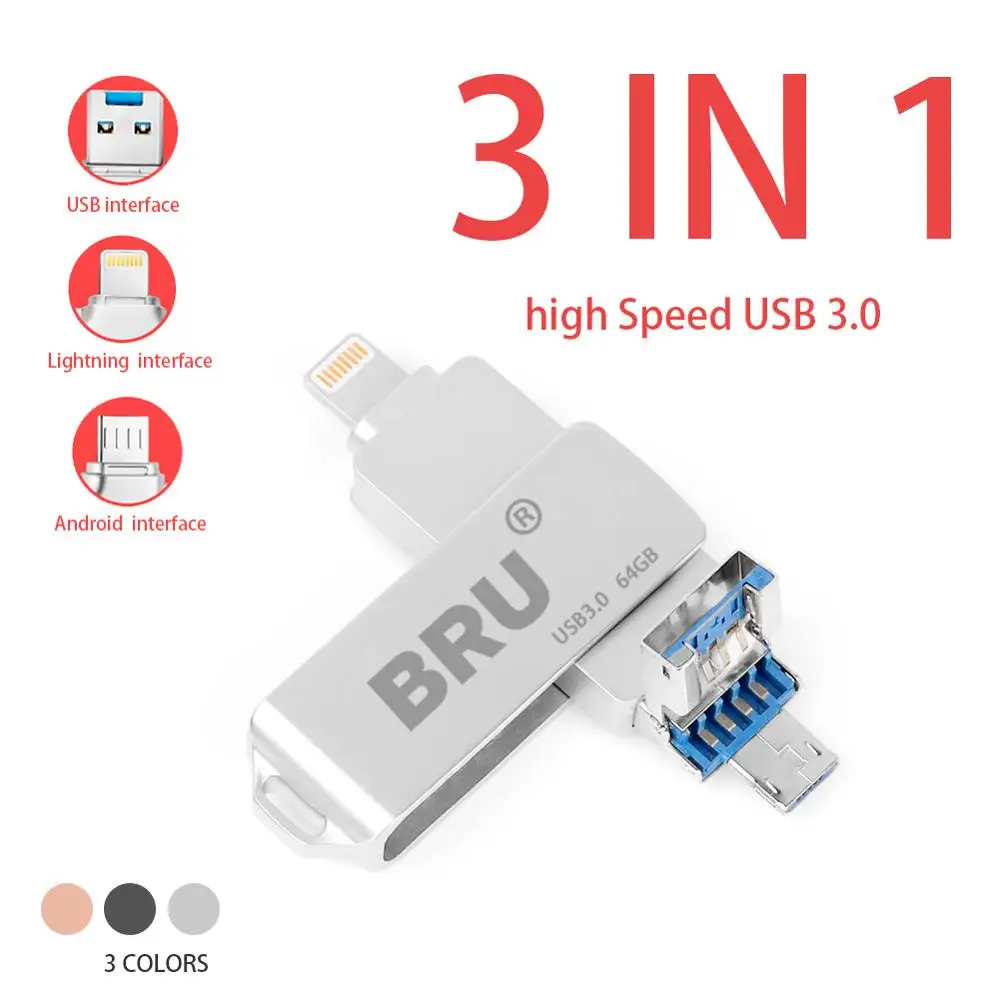 BRU usb OTG Флешка флеш накопитель 3 0 3in116G32G64G128G256GB для iPhone 11 Pro XS X Android type c логотип на
