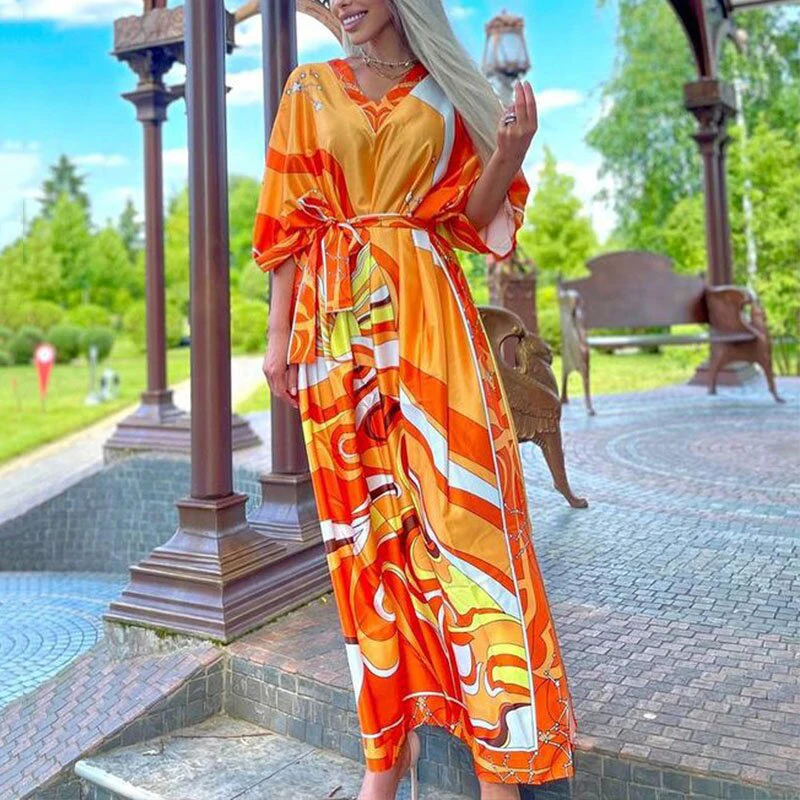 Lady Pattern Print Fashion Party Dress Casual Batwing Sleeve Lace-Up Belt Long Dress Women Sexy V Neck Loose Maxi Dress Vestidos 
Lady Pattern Print Fashion Party Dress Casual Batwing Sleeve Lace-Up Belt Long Dress Women Sexy V Neck Loose Maxi Dress Vestidos