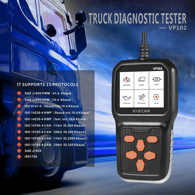Viecar VP102 Universal Car & Truck Code Reader 2 In1 Diagnostic Tool Obd Scan Multi-Systems for Heavy Duty Truck
Viecar VP102 Universal Car & Truck Code Reader 2 In1 Diagnostic Tool Obd Scan Multi-Systems for Heavy Duty Truck