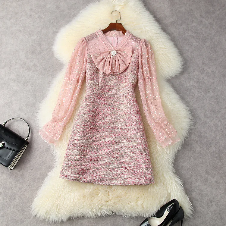 European and American women's clothing winter 2022 new Long sleeve mesh sequins bow fashion Patchwork tweed dress
European and American women's clothing winter 2022 new Long sleeve mesh sequins bow fashion Patchwork tweed dress