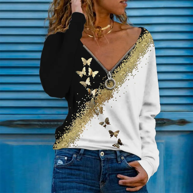 Printing Zipper Long Sleeve T-Shirt Women's Clothing 2021 Autumn New Loose Oversized Tops Casual V-Neck Tee Shirts Ladies
Printing Zipper Long Sleeve T-Shirt Women's Clothing 2021 Autumn New Loose Oversized Tops Casual V-Neck Tee Shirts Ladies