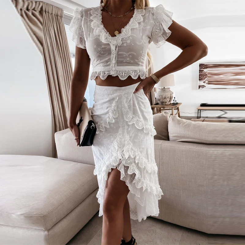 Women Lace Ruffles Two Piece Set Sexy V Neck Button Tops + Irregular Beach Skirts Outfits Summer Elegant Embroidery Flower Suits 
Women Lace Ruffles Two Piece Set Sexy V Neck Button Tops + Irregular Beach Skirts Outfits Summer Elegant Embroidery Flower Suits