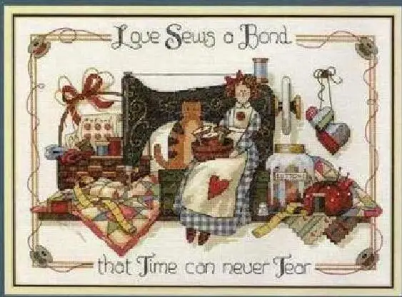 

MM cross stitch kits Lovely Counted Cross Stitch Kit Love Sews A Bond Sewing Sew Girl Woman Maid and Cat Kitten Kitty dim