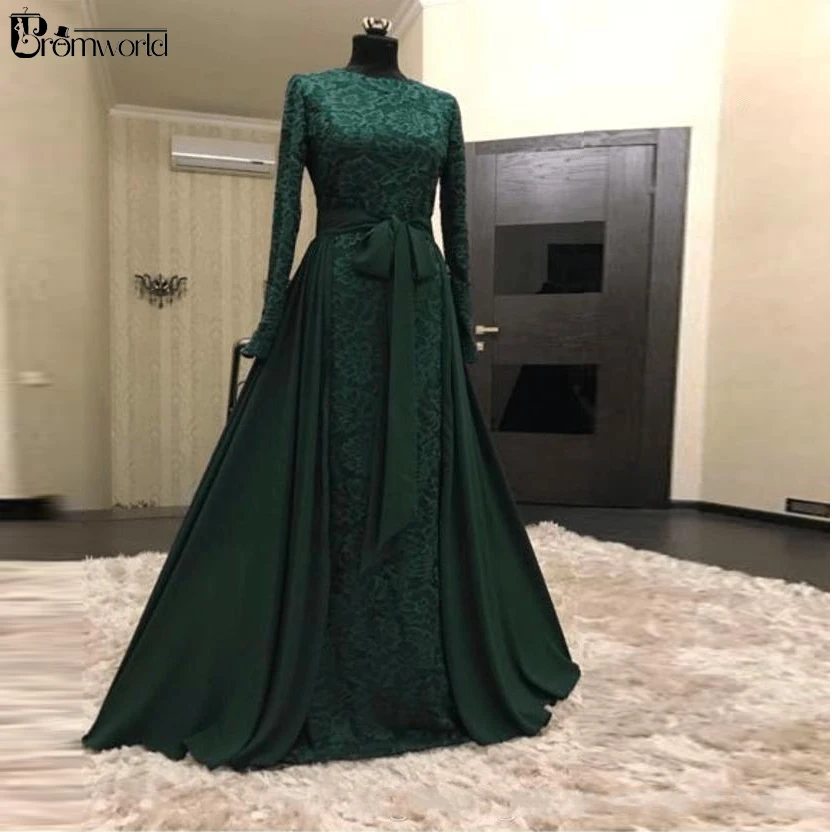 

Emerald Green Lace Muslim Evening Dress 2022 A-Line High Neck Islamic Dubai Kaftan Saudi Arabic Long Sleeve Evening Gowns Prom
