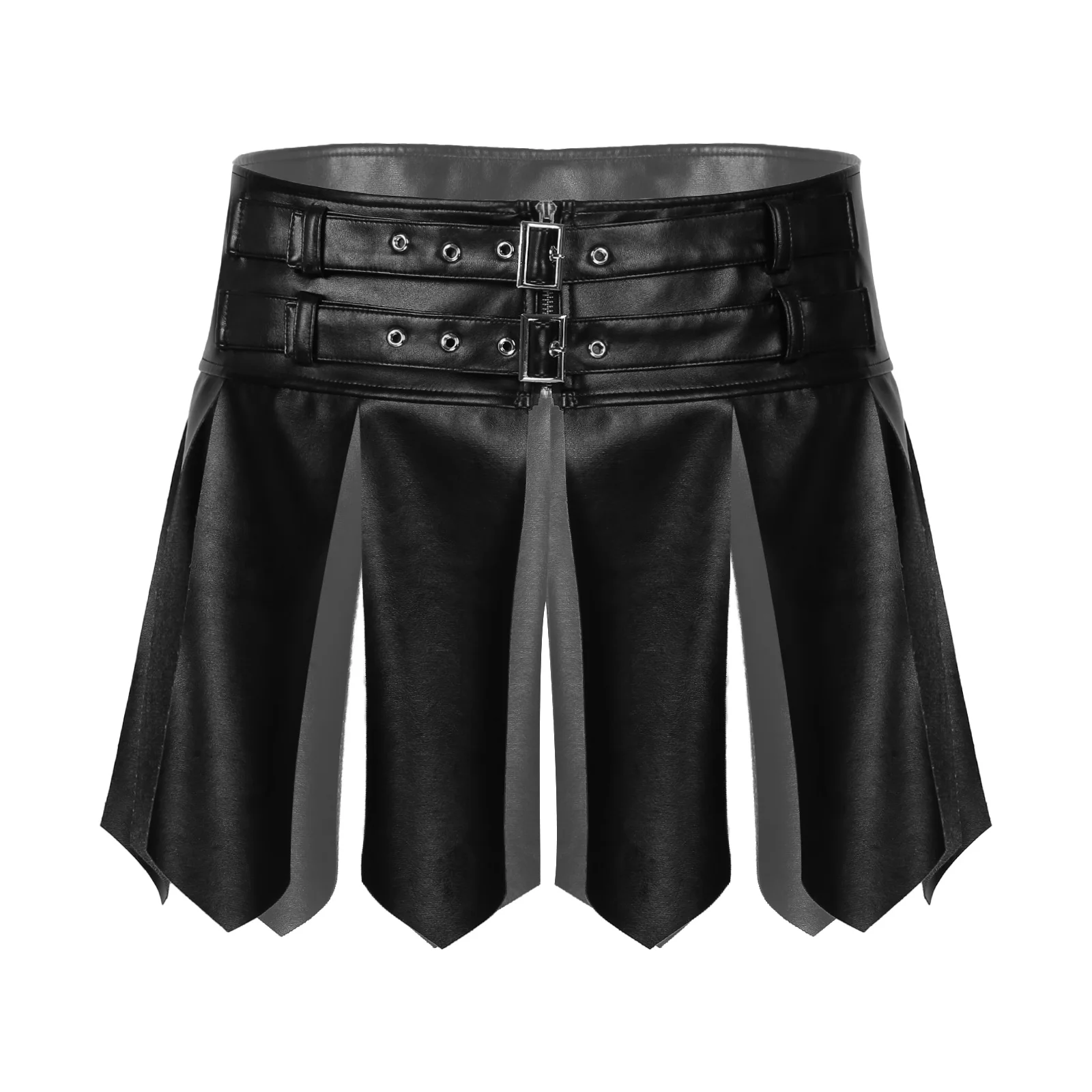 Фото Мужская Черная однотонная короткая юбка из искусственной кожи с бахромой для
