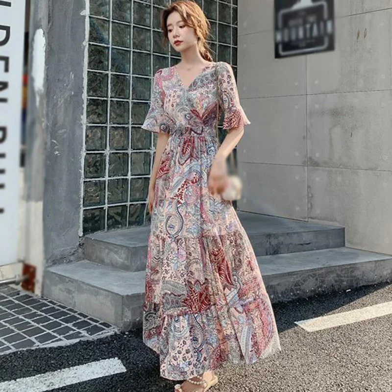 Women Dress Lady Korean Vintage Floral Printed Chiffon Dress Long Sleeve Bow Mid-calf Summer Vestido
Women Dress Lady Korean Vintage Floral Printed Chiffon Dress Long Sleeve Bow Mid-calf Summer Vestido