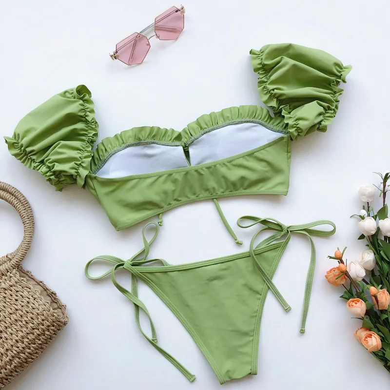 Sexy Micro Bikini Short Sleeve Solid Green Leopard Push Up Padded Pleat Swimsuit Women Bathing Suit Lace Bandage Swimwear | Женская