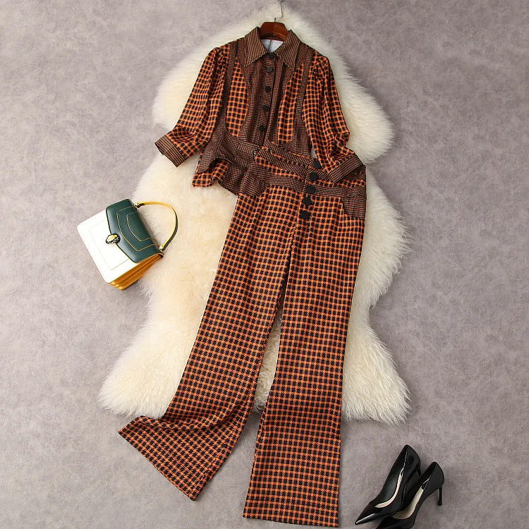 European and American women's wear for summer 2021 shirt with three-quarter sleeves Checked flared trousers Fashion suits
European and American women's wear for summer 2021 shirt with three-quarter sleeves Checked flared trousers Fashion suits