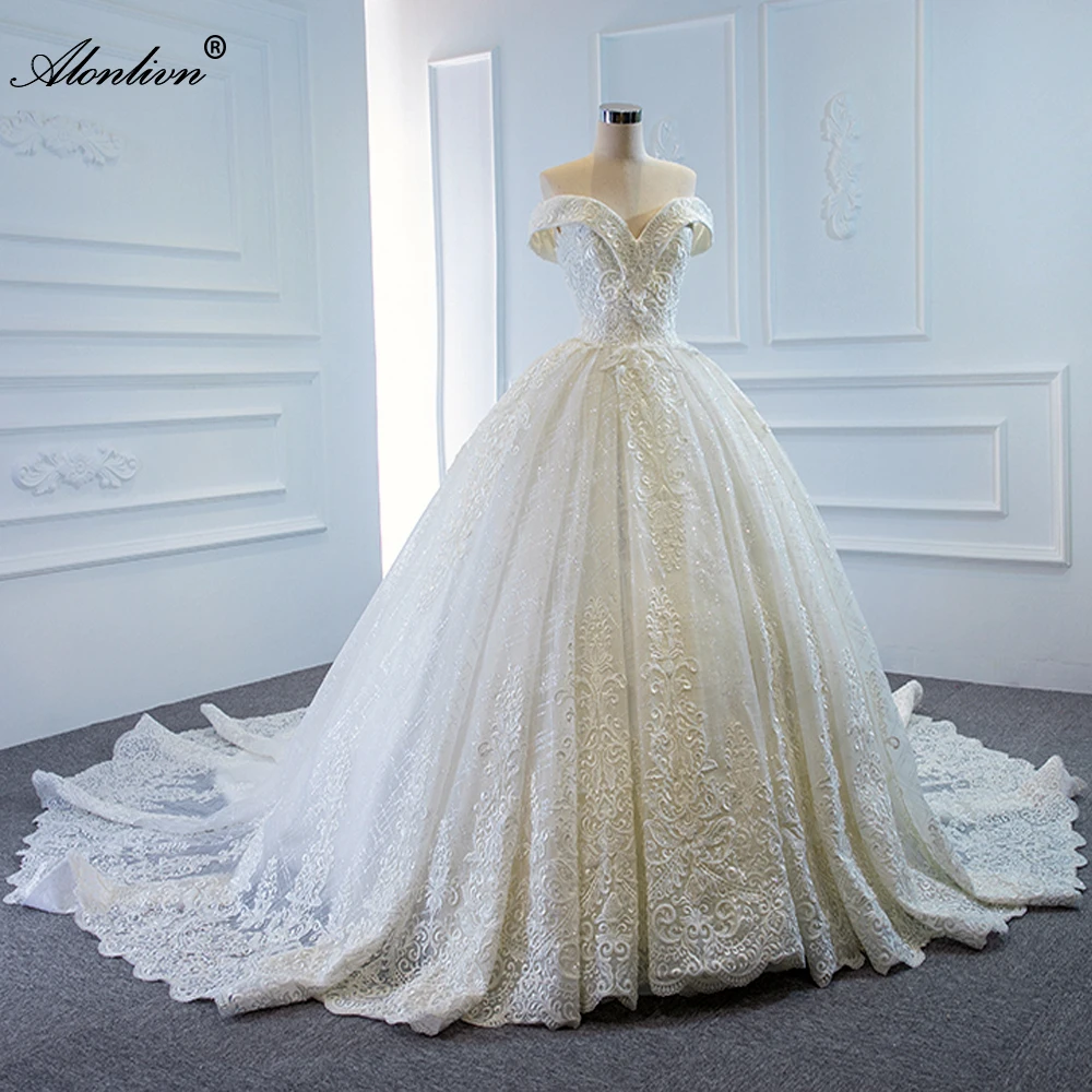 

Alonlivn Gorgeous Embroidery Appliques Off The Shoulder Ball Gown Wedding Dress Chapel Train Lace Up Princess Bridal Gown Corset