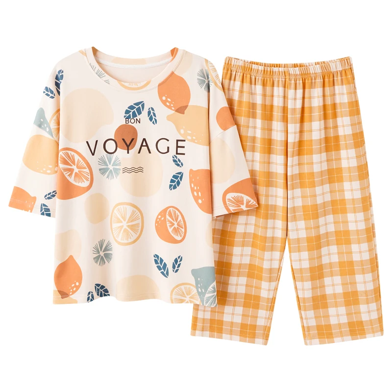 Women Pajamas Set Korean Cute Lemon Print Women's Orange Plaid Sleepwear New Knitted Cotton Summer Short Sleeved Plus Size M-5XL
Women Pajamas Set Korean Cute Lemon Print Women's Orange Plaid Sleepwear New Knitted Cotton Summer Short Sleeved Plus Size M-5XL