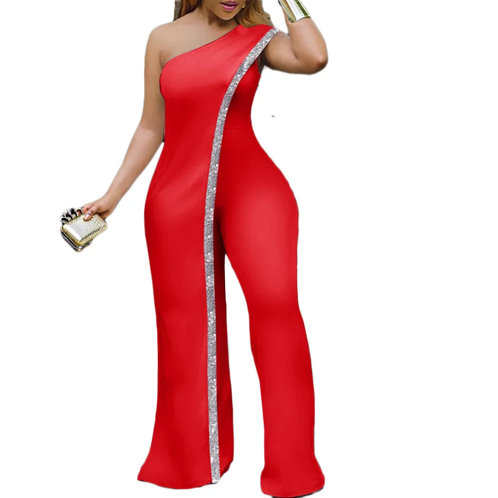

2021 Women Irregular One Shoulder Jumpsuit Solid Sequined Detail Party Club Overalls Jumpsuits Sexy Jumpsuit Clubwear