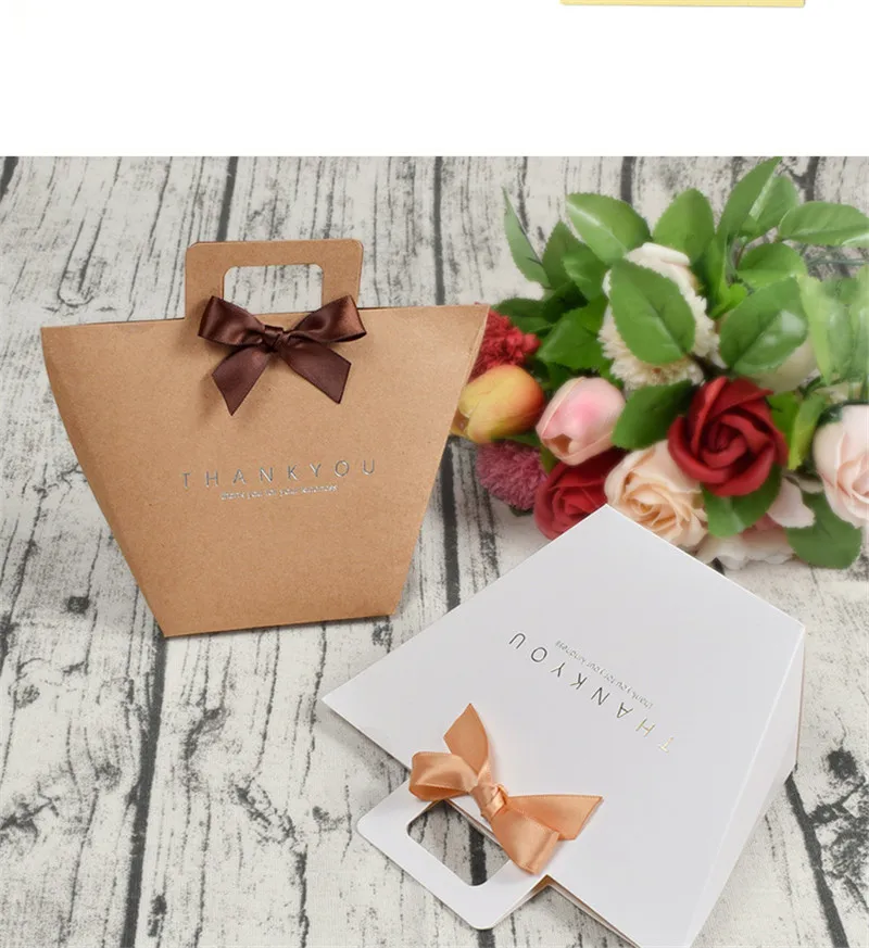 

Kraft Paper Candy Bag with Handles White Bronzing "Thank You" Gift Candy Box Package Wedding Birthday Baby Shower Favor Bags