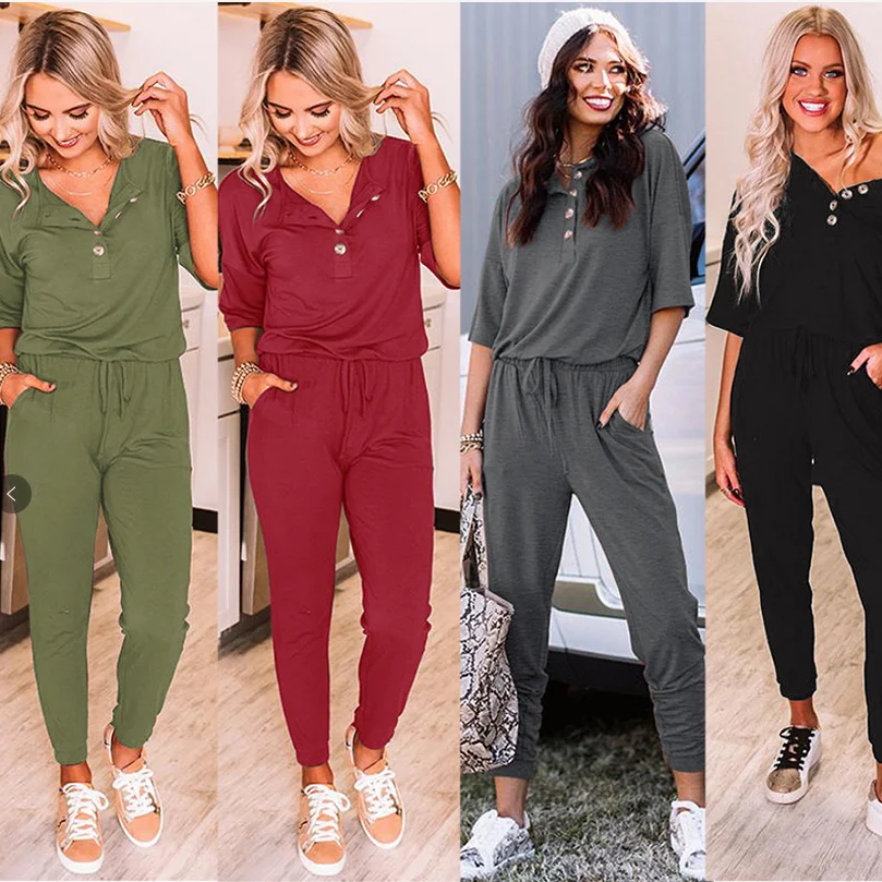 Spring / Summer 2021 Short Sleeve V-neck Red Green Black Jumpsuit for Women Overalls
Spring / Summer 2021 Short Sleeve V-neck Red Green Black Jumpsuit for Women Overalls