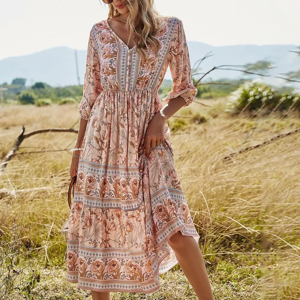 Women Dress Floral Print V Neck Bohemian 3/4 Sleeve Large Hem Female High Waist Stylish Casual Beach Dress Summer
Women Dress Floral Print V Neck Bohemian 3/4 Sleeve Large Hem Female High Waist Stylish Casual Beach Dress Summer