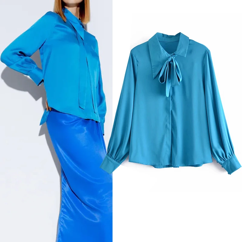 TRAF Za Blue Satin Shirt Women 2021 Bow Button Up Shirt Woman Asymmetric Collar Long Sleeve Summer Top Office Elegant Blouses
TRAF Za Blue Satin Shirt Women 2021 Bow Button Up Shirt Woman Asymmetric Collar Long Sleeve Summer Top Office Elegant Blouses