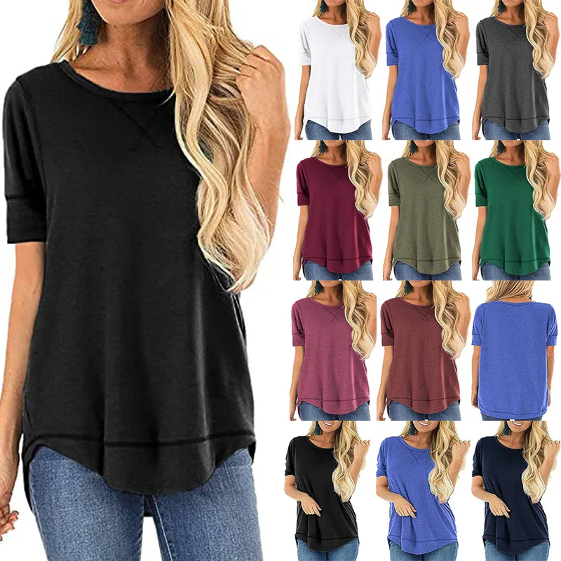 European and American women's 2021 spring and summer new round neck stitching short sleeve front short back long top t-shirt
European and American women's 2021 spring and summer new round neck stitching short sleeve front short back long top t-shirt