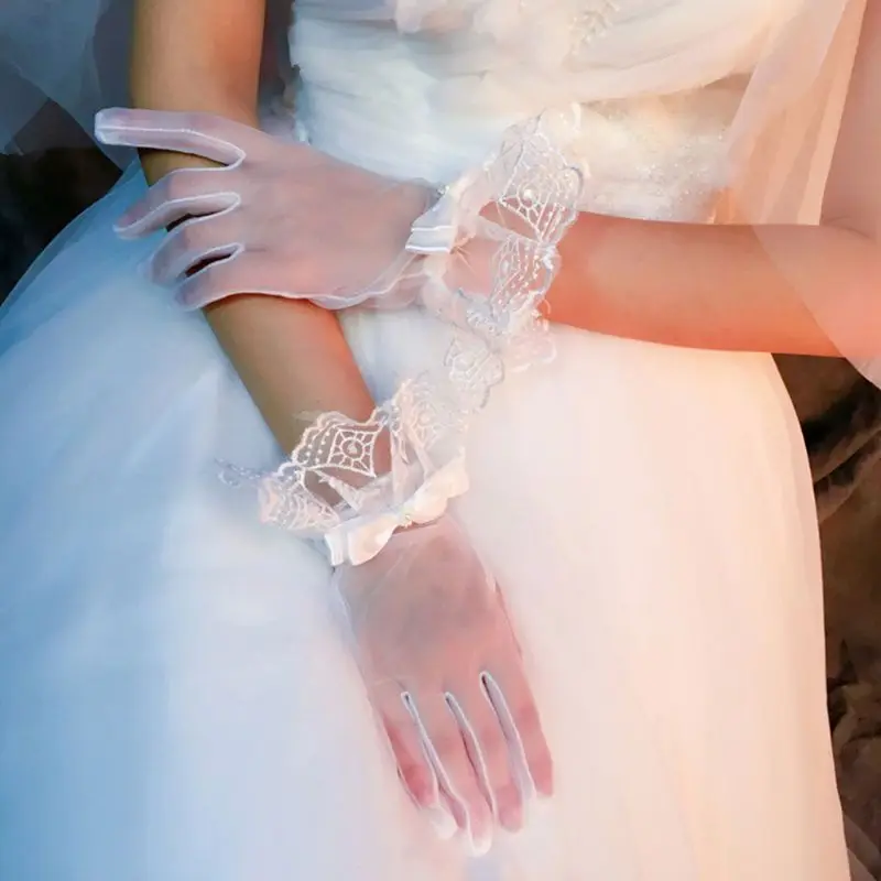 

Women Bridal See Through Full Fingered Short Gloves White Wrist Length Scalloped Geometric Lace Trim Bowknot Decor Wedding Party