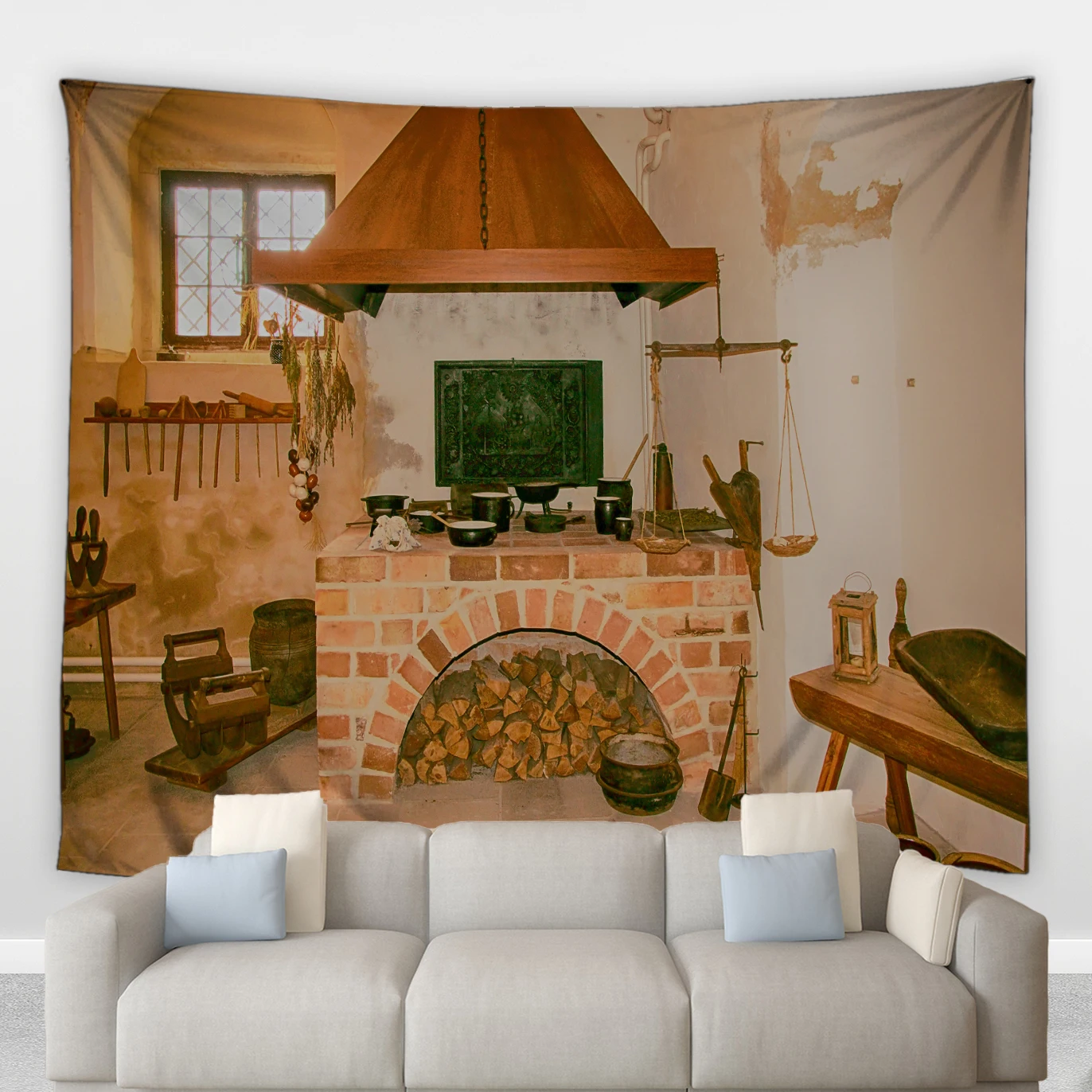 

Retro Vintage Fireplace Hippie Big tapestry Winter Indoor Scene Pattern Living And Dinning Room Patio Decor Wall Hanging Blanket