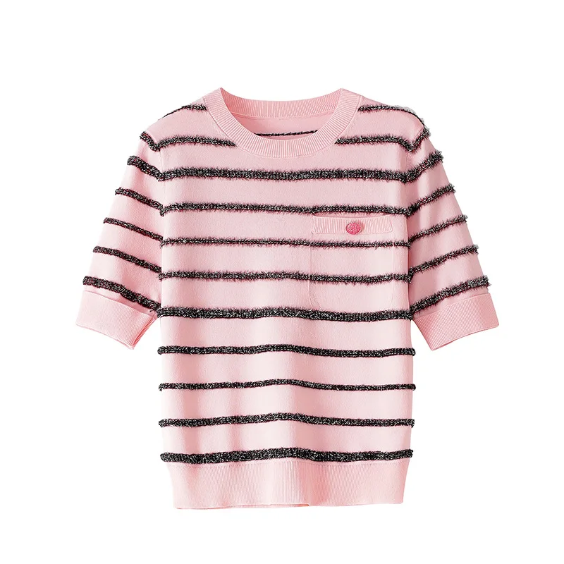 Fashion Women Luxury Gold Wire Striped Knit Top Short-Sleeved O-Neck Pink Red Loose Plus Size T-Shirt Clothes Tide Brand Summer
Fashion Women Luxury Gold Wire Striped Knit Top Short-Sleeved O-Neck Pink Red Loose Plus Size T-Shirt Clothes Tide Brand Summer