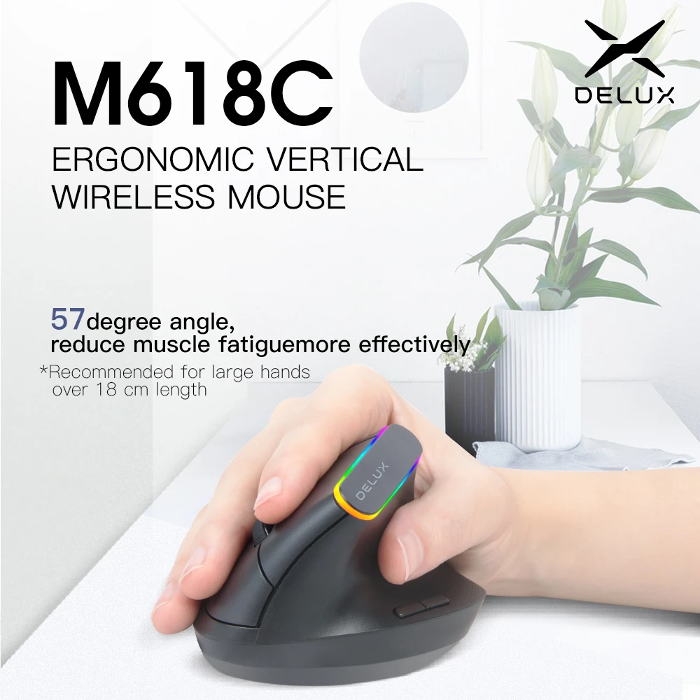 

Delux M618C Wireless Vertical Mouse 2.4Ghz Ergonomic Usb Optical Mause 1600DPI Colorful Light Gaming Mice For PC Laptop Computer