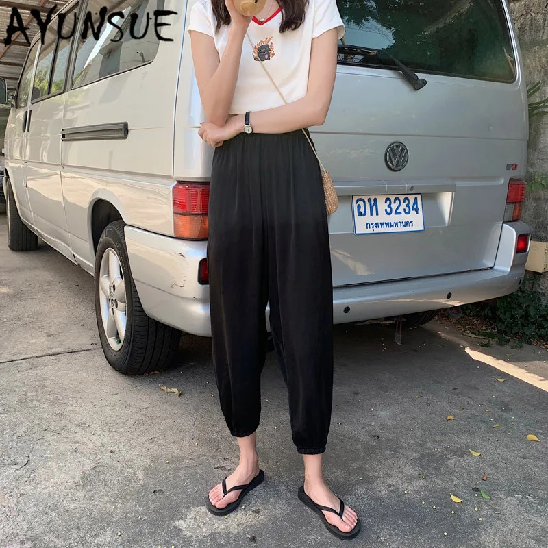 Фото Женские повседневные брюки султанки AYUNSUE летние Черные Мешковатые с высокой