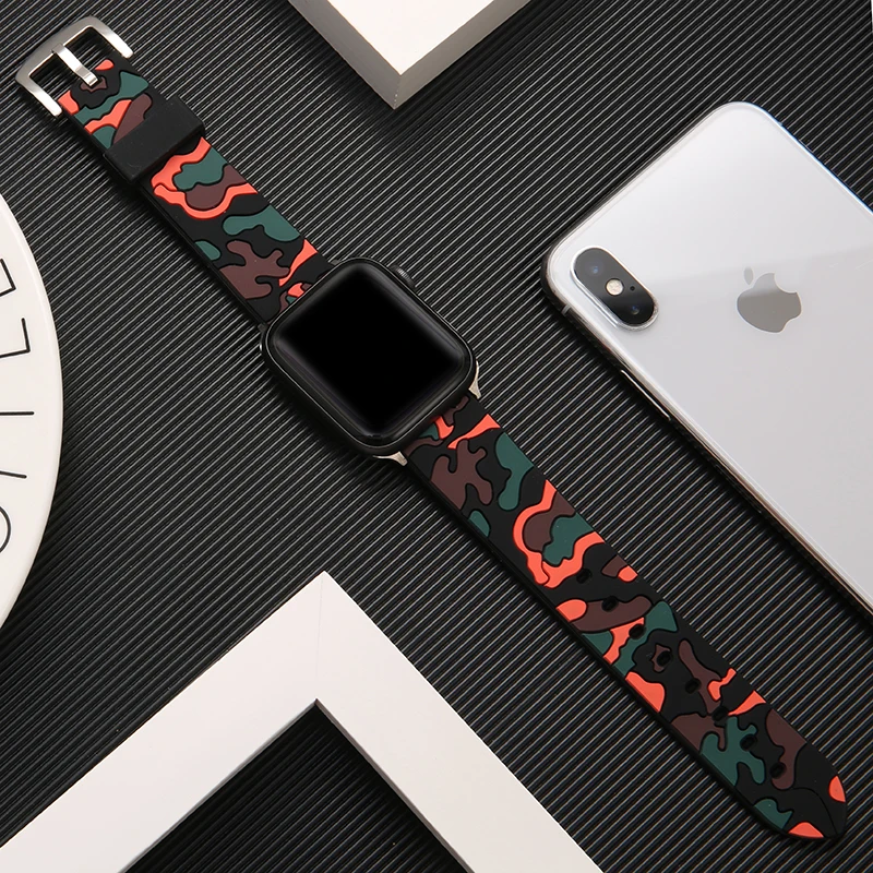 Ремешок Камуфляжный для Apple watch 5 4 band 44 мм 40 силиконовый спортивный браслет iWatch 42 38