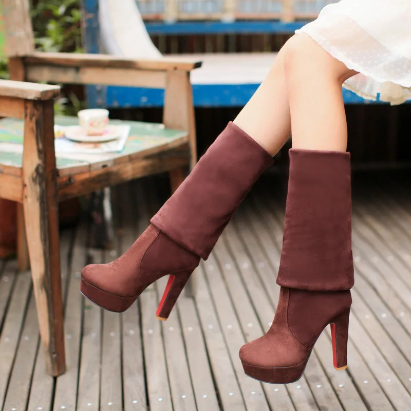 

Women Boots Super High Heels Slip On Over The Knee Sexy Long Boots Female Platform Stretch Patchwork Flock Two Ways Wear