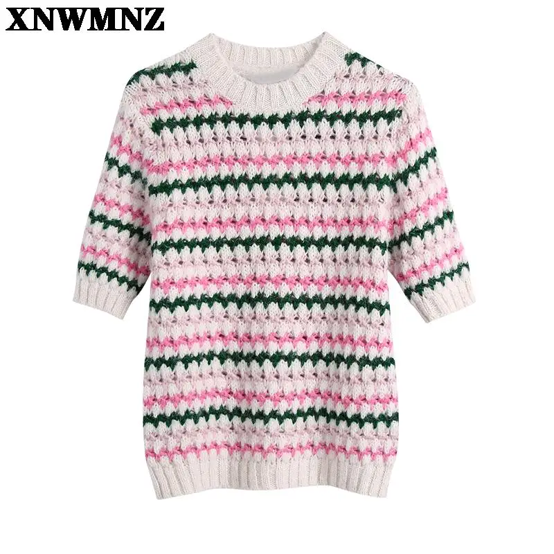 XNWMNZ Women Stand Collar Rainbow Striped Casual Jacquard Knitting Sweater Female Chic Short Sleeve Pullovers Hollow Tops
XNWMNZ Women Stand Collar Rainbow Striped Casual Jacquard Knitting Sweater Female Chic Short Sleeve Pullovers Hollow Tops