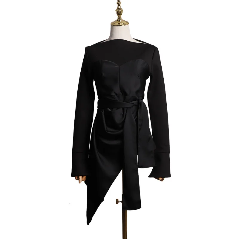 Fake Two Piece Strapless Stitching Tops Women Asymmetrical Hem Sashes Long Sleeve T-Shirts, 2021 Spring New Casual Streetwear
Fake Two Piece Strapless Stitching Tops Women Asymmetrical Hem Sashes Long Sleeve T-Shirts, 2021 Spring New Casual Streetwear