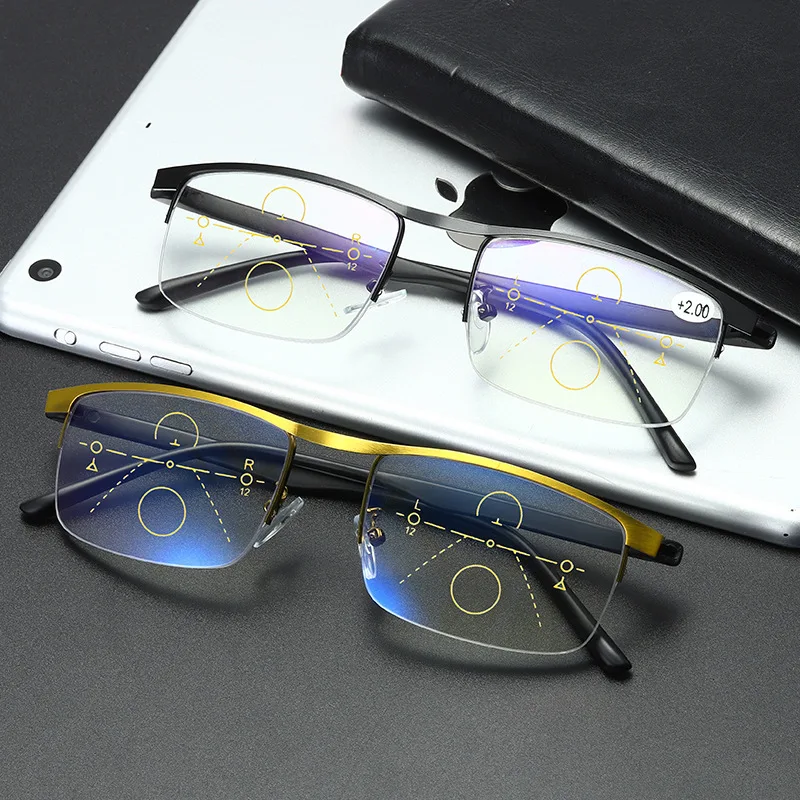 

Progressive Multi-focus Anti-blue Ray Reading Glasses Retro Metal Semi-rimmed Presbyopic Glasses Unisex Eyewear +1.0 to +4.0