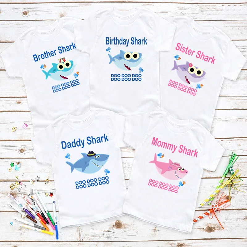 Matching Family Outfit For Birthday Shark Theme T-shirt Kids Funny Party Look Clothes Father Mother Daughter Son | Мать и ребенок