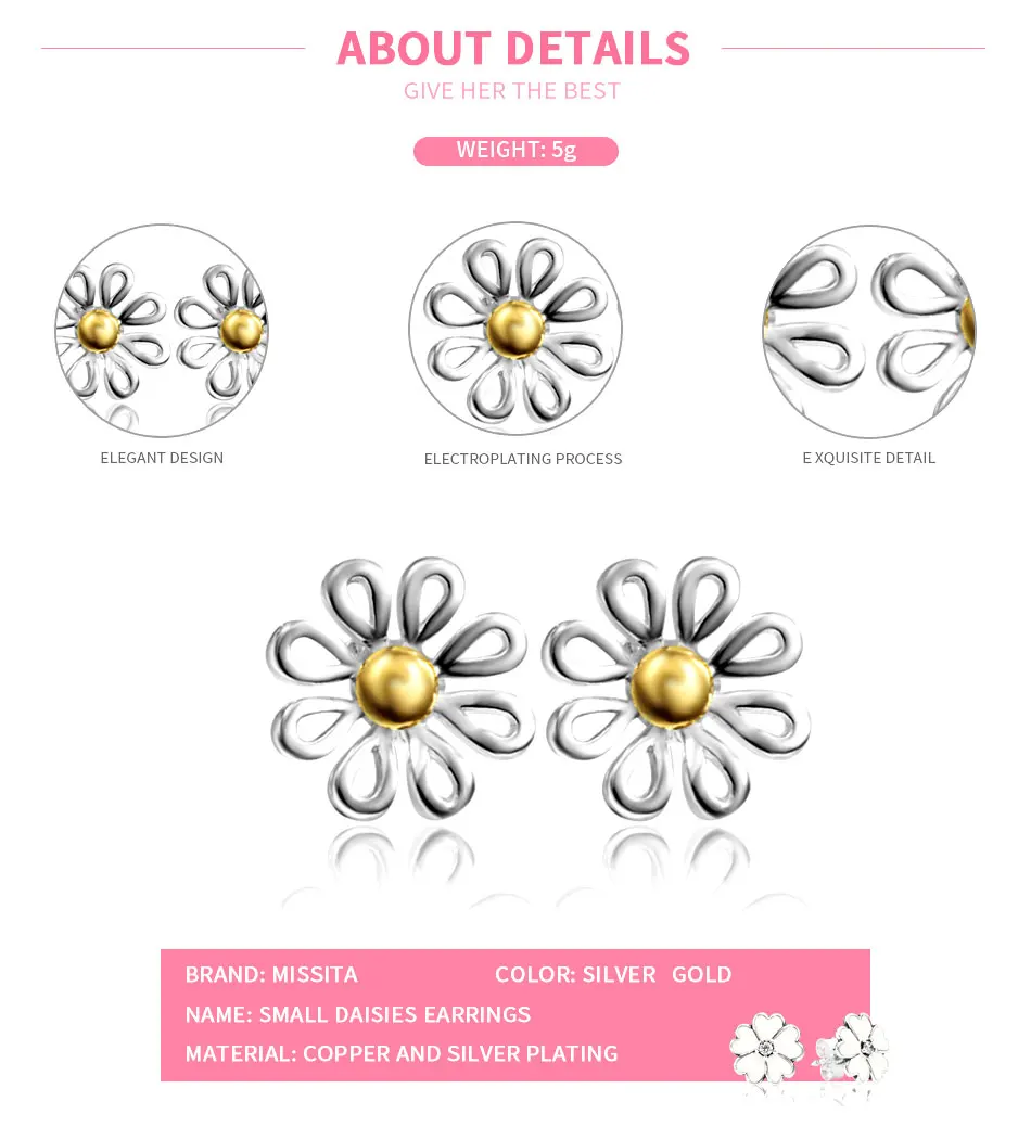 MISSITA 2019 New Fashion Daisy Flower Earrings For Women Silver Color Jewelry Brand Wedding Stud Earrings HOT SELL Gift
MISSITA 2019 New Fashion Daisy Flower Earrings For Women Silver Color Jewelry Brand Wedding Stud Earrings HOT SELL Gift