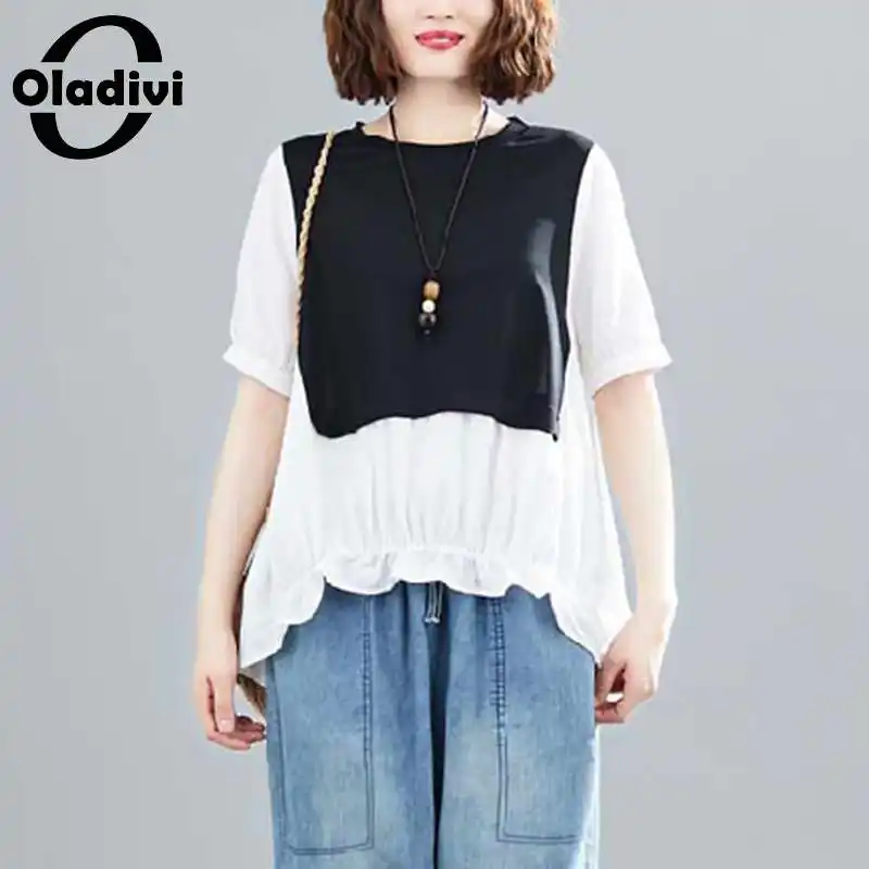 Блузка Oladivi в стиле пэчворк женская с коротким рукавом, Повседневная Свободная рубашка, топ для девушек, туника, размер L XL, лето 2021
Блузка Oladivi в стиле пэчворк женская с коротким рукавом, Повседневная Свободная рубашка, топ для девушек, туника, размер L XL, лето 2021